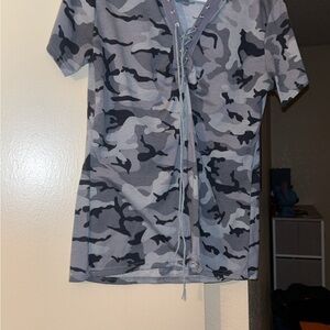 Gray and Black Camouflage Blouse Short Sleeve Top
